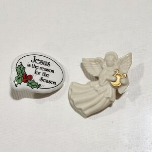 Vtg Lot 2 porcelain pinback Pins Lenox Angel / Jesus Holly